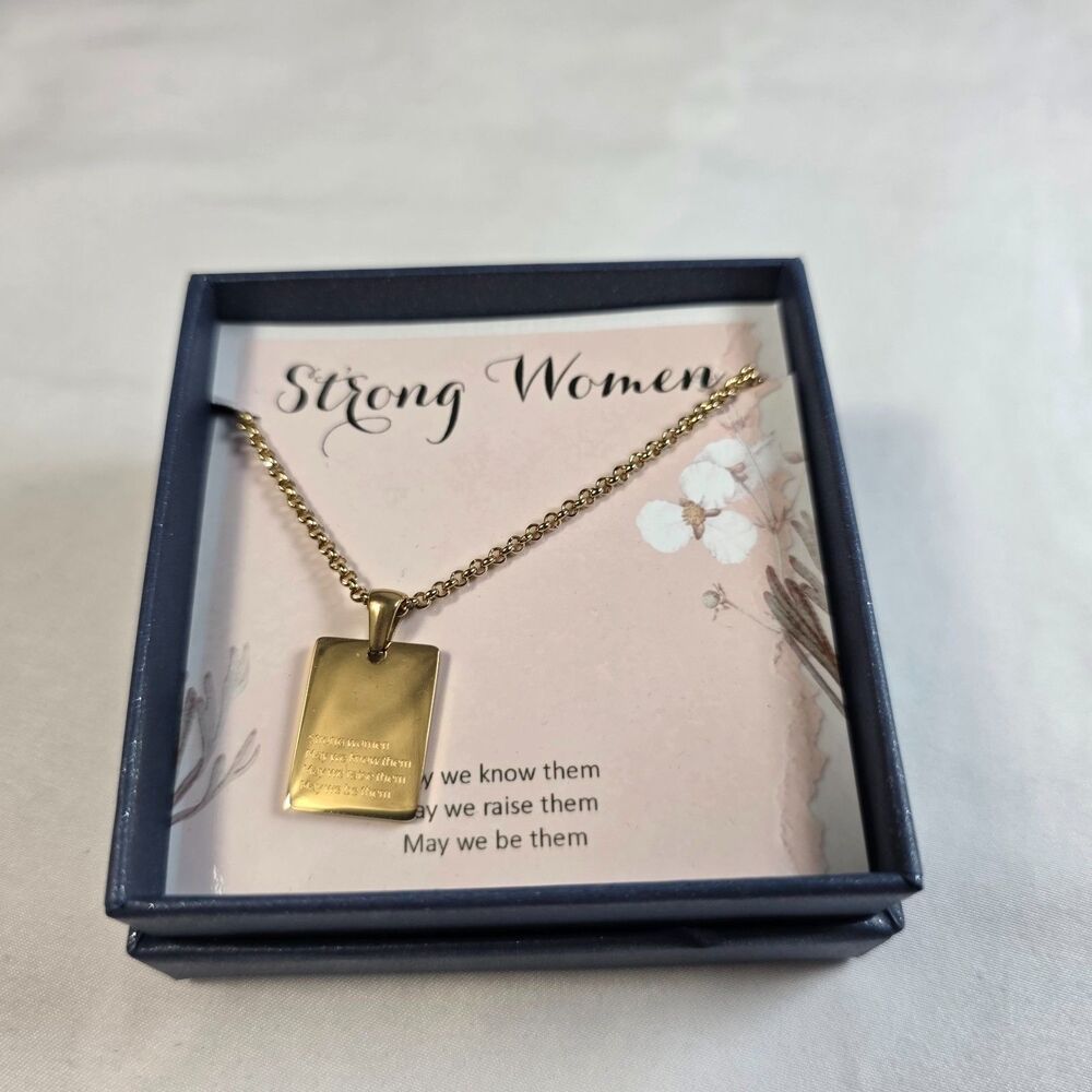 Strong Women Engraved Bar Pendant Necklace 18K Gold Feminist Quote Jewelry Gift